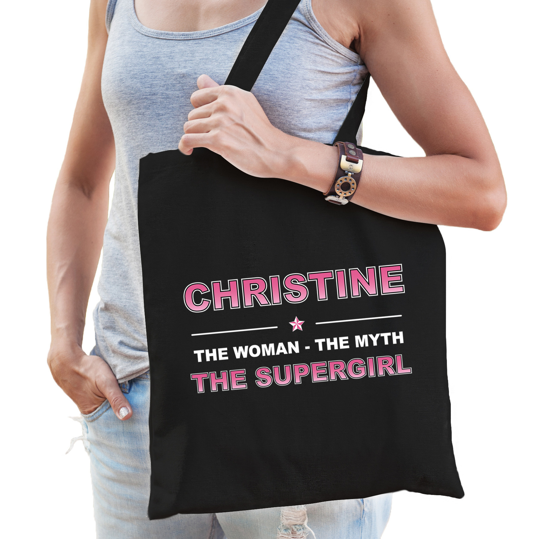 Naam cadeau tas Christine the supergirl zwart voor dames