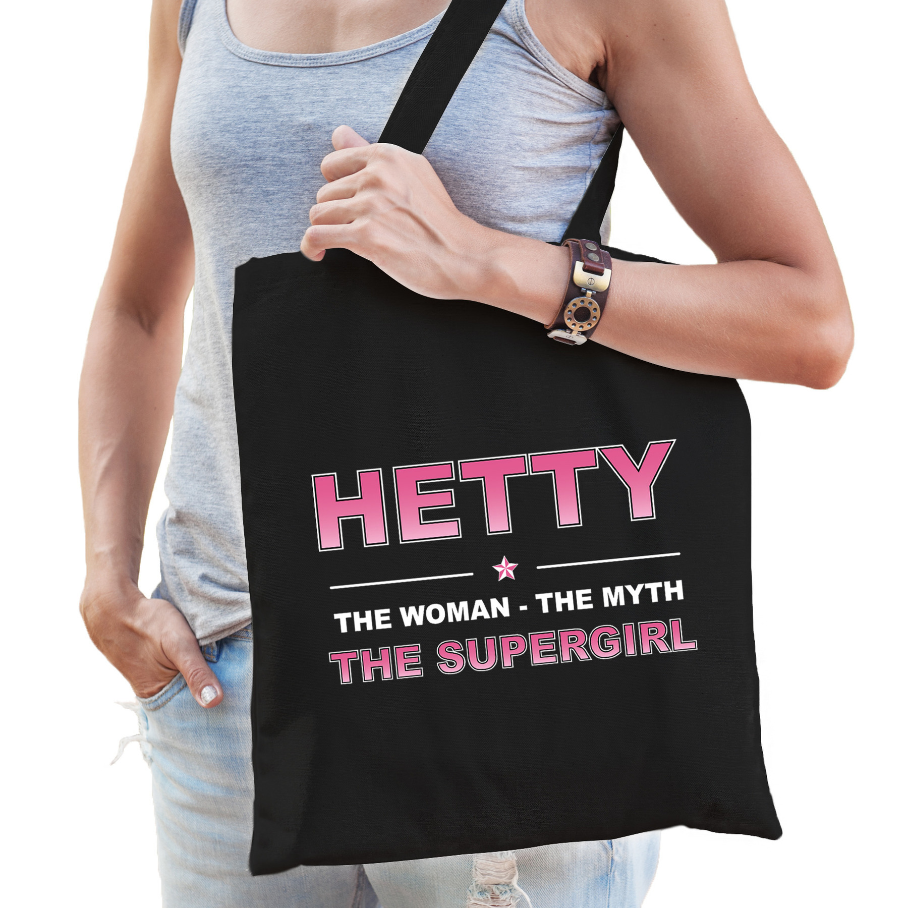 Naam cadeau tas Hetty the supergirl zwart voor dames