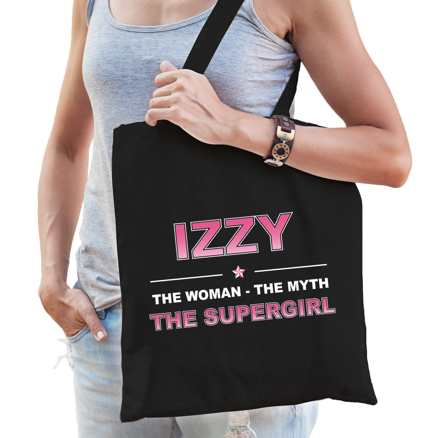 Naam cadeau tas Izzy the supergirl zwart voor dames