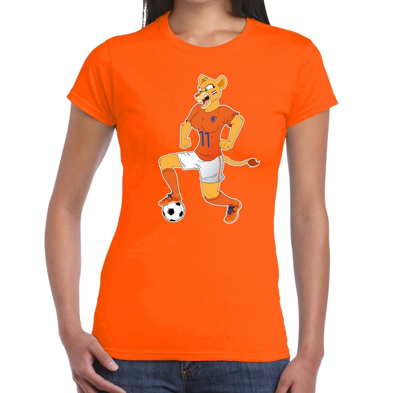 Nederland supporter t-shirt Leeuwin met voetbal oranje dames