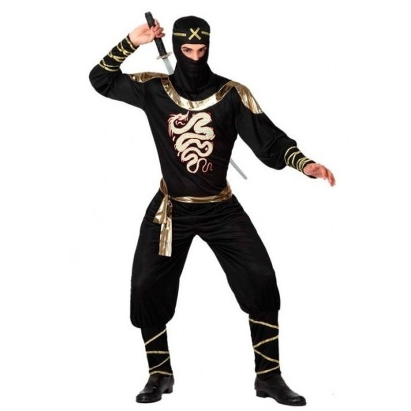 Ninja vechter verkleed kostuum zwart/goud voor heren
