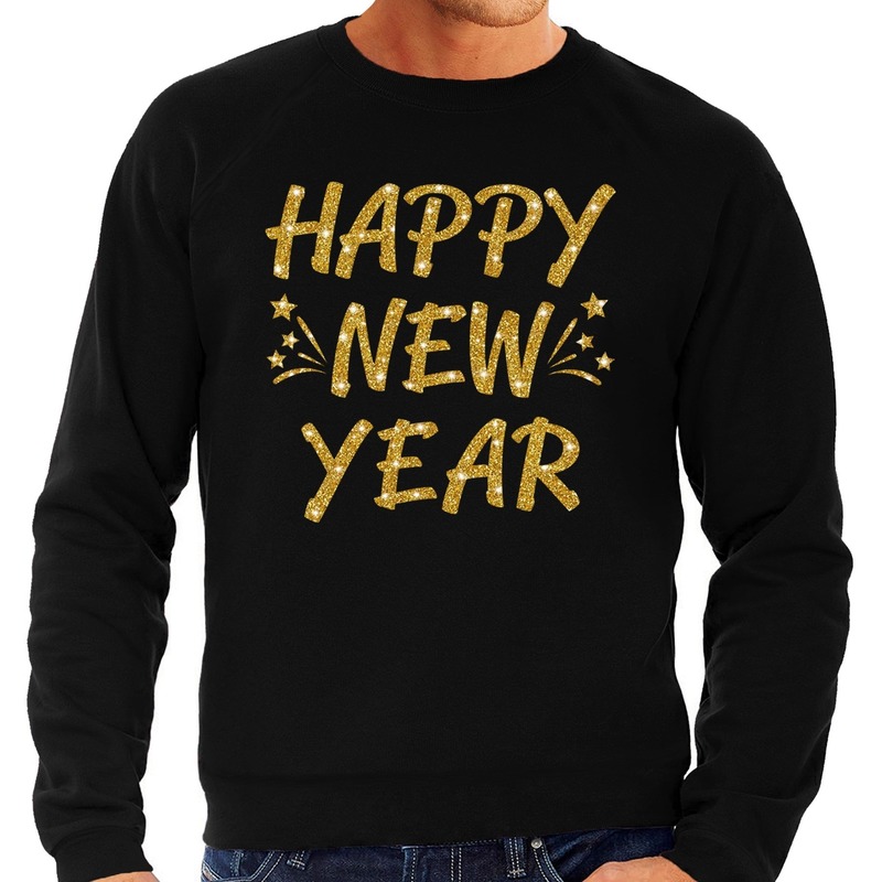 Oud en Nieuw trui-sweater happy new year goud op zwart heren