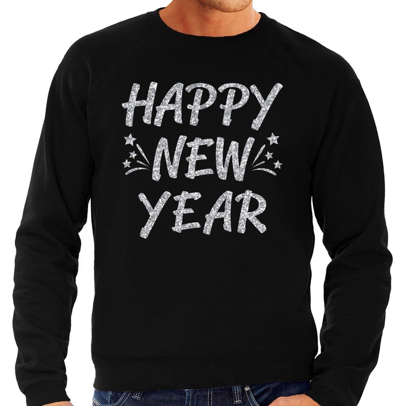 Oud en Nieuw trui-sweater happy new year zilver op zwart heren
