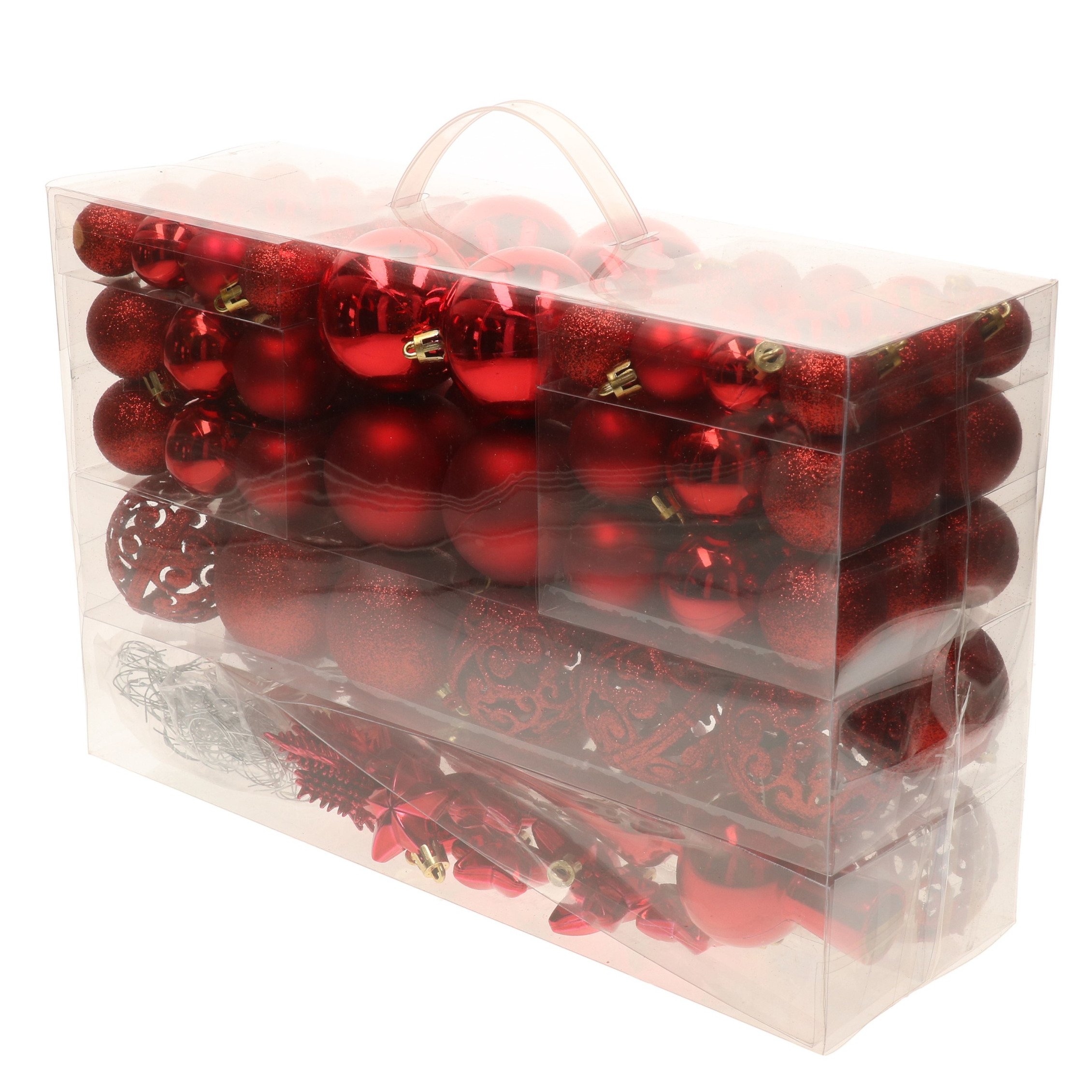 Pakket met 110x stuks kunststof kerstballen-ornamenten met piek rood