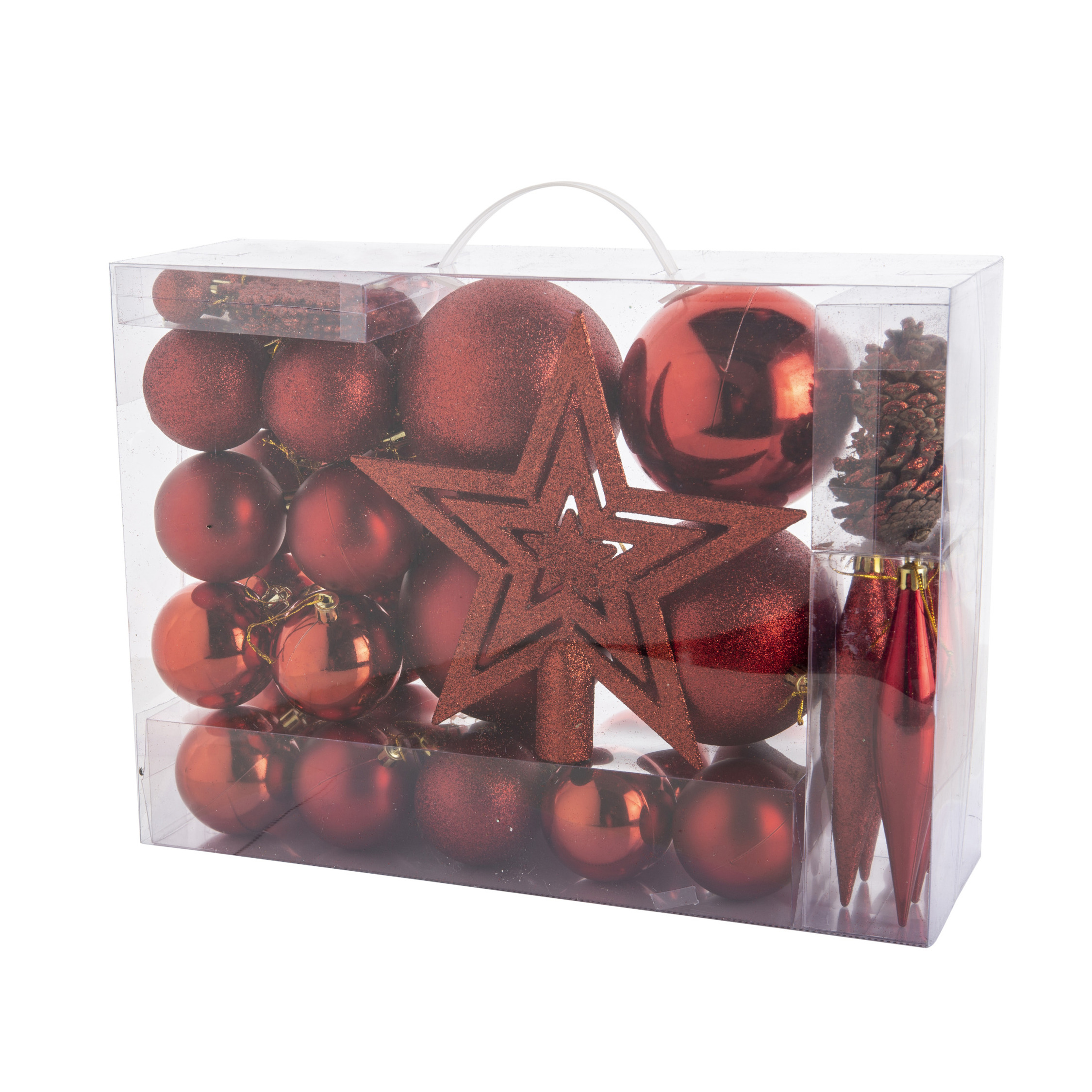 Pakket met 53x stuks kunststof kerstballen en kerstornamenten met ster piek rood