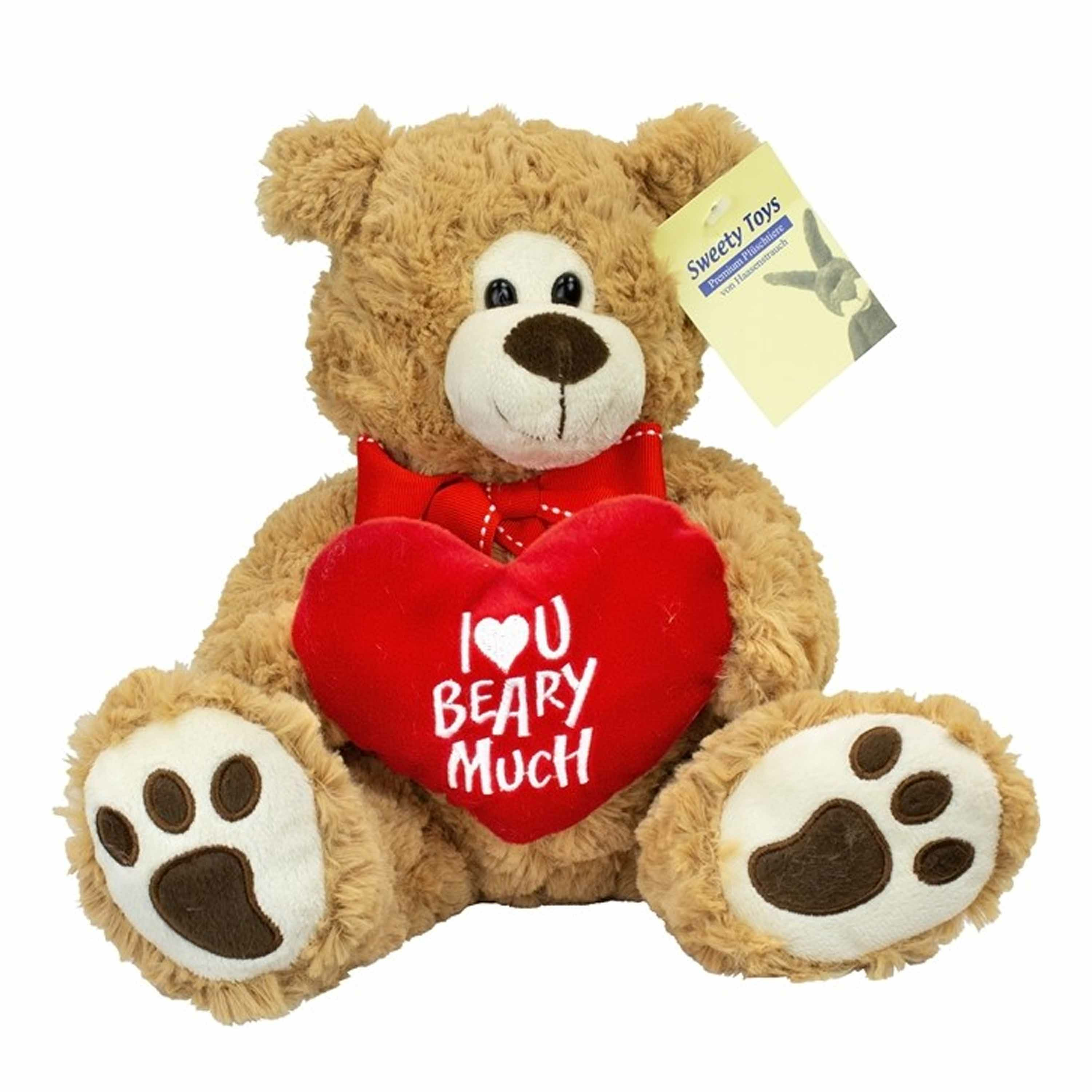 Pluche knuffelbeer-teddybeer met I love you hartje met geluid licht bruin 25 cm