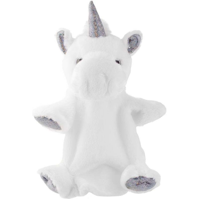Pluche wit/zilveren eenhoorn handpop knuffel 25 cm speelgoed