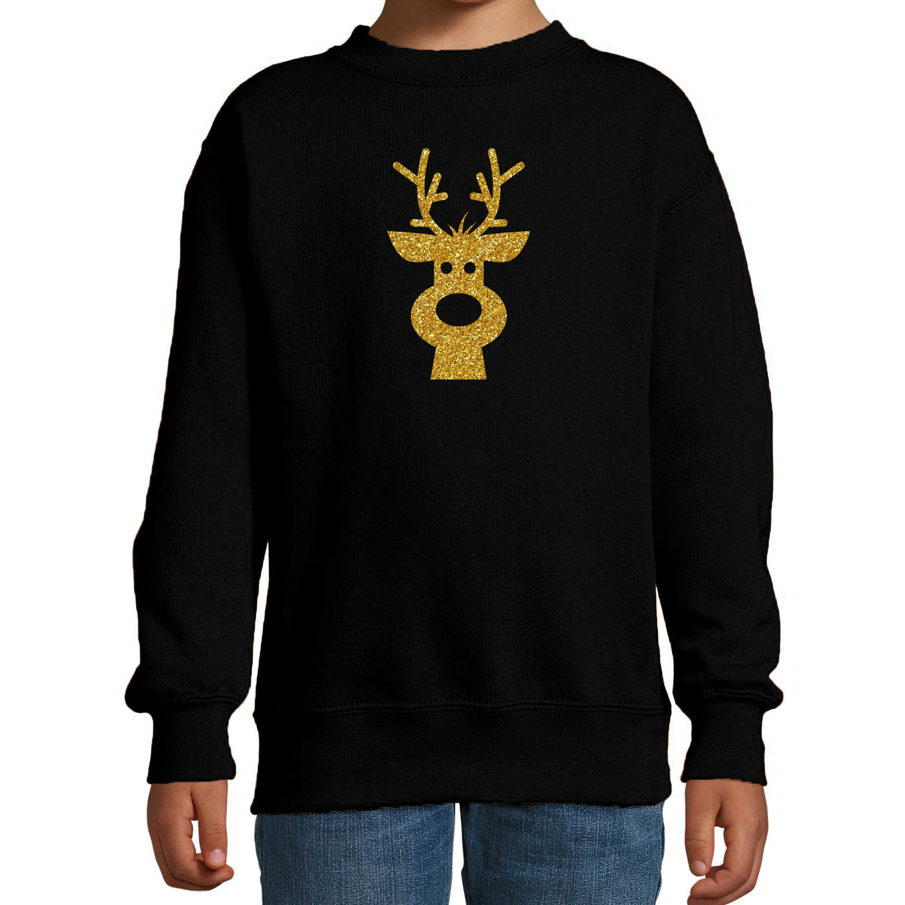 Rendier hoofd Kerstsweater-Kersttrui zwart voor kinderen met gouden glitter bedrukking