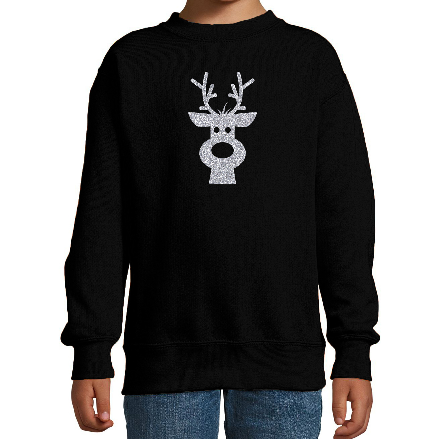 Rendier hoofd Kerstsweater-Kersttrui zwart voor kinderen met zilveren glitter bedrukking