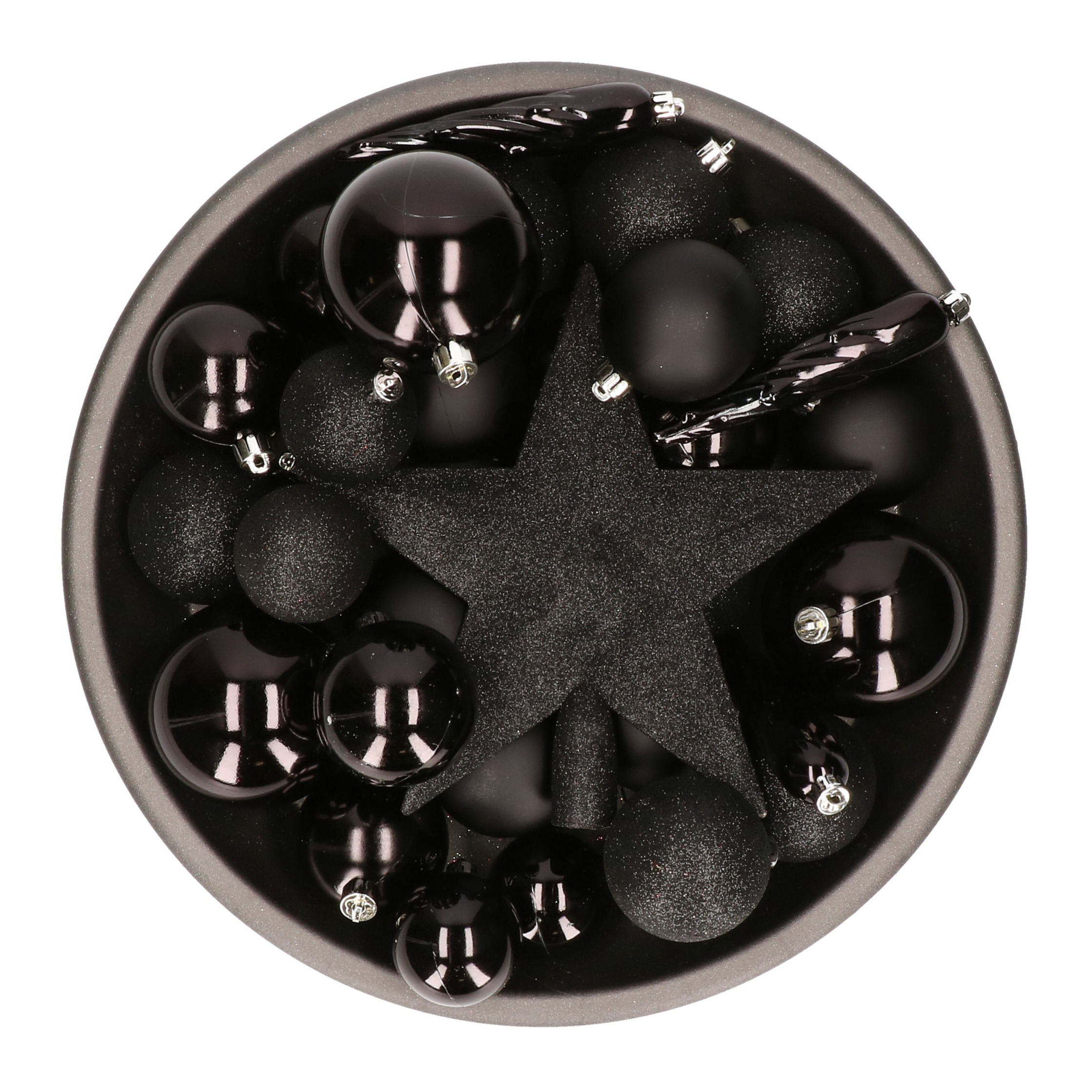 Set van 33x stuks kunststof kerstballen met ster piek zwart mix