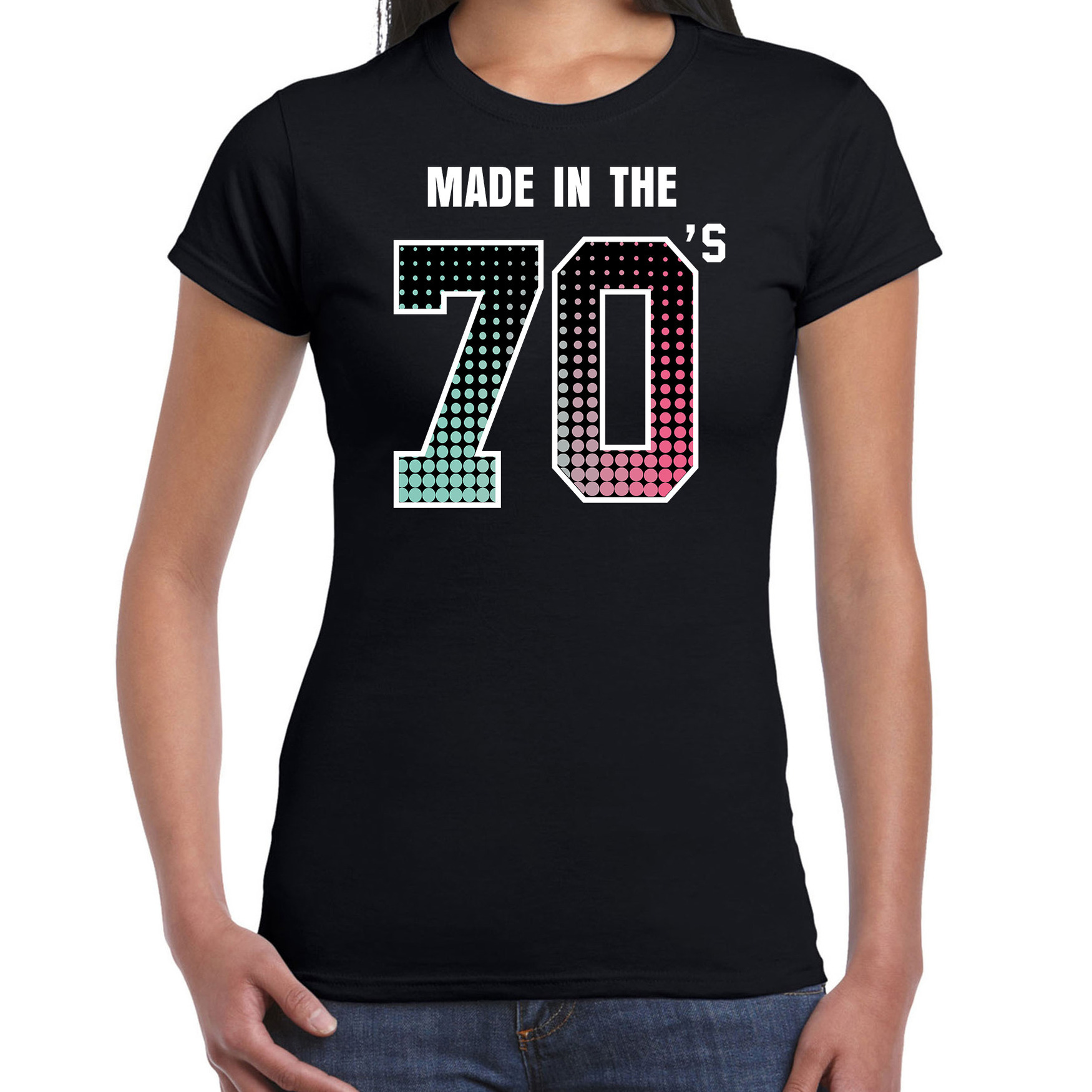 Seventies t-shirt-shirt made in the 70s-geboren in de jaren 70 zwart voor dames
