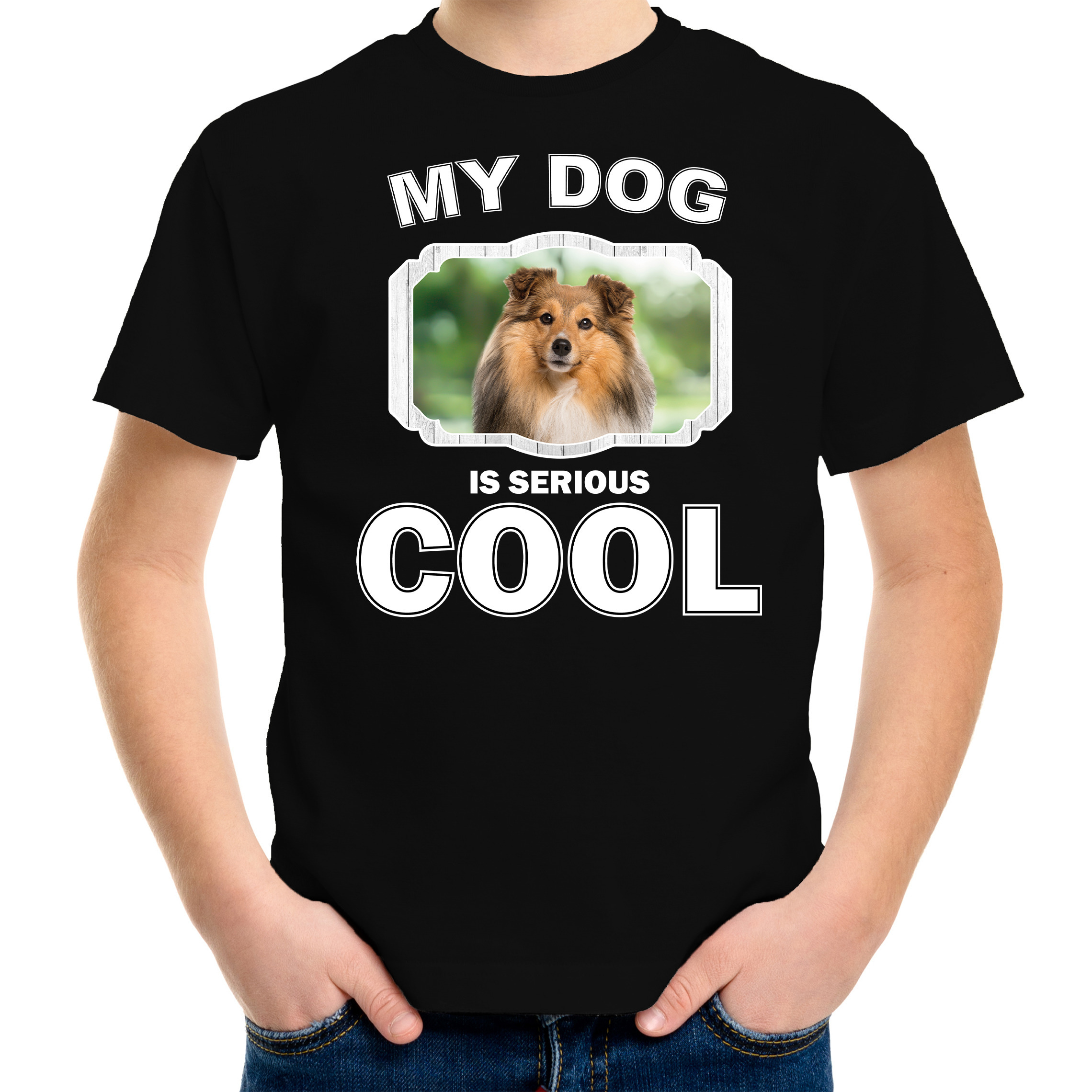 Sheltie honden t-shirt my dog is serious cool zwart voor kinderen