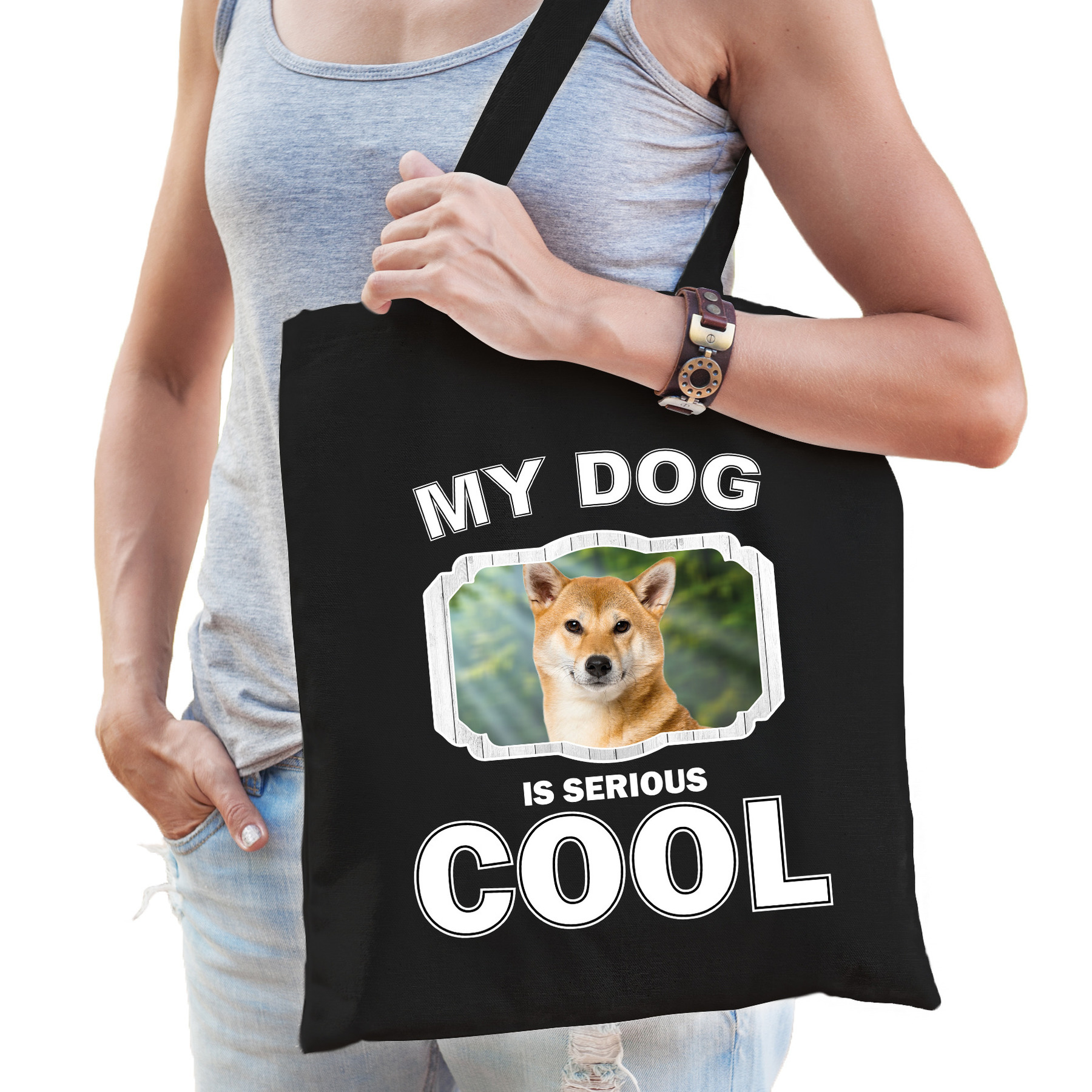 Shiba inu honden tasje zwart volwassenen en kinderen my dog serious is cool kado boodschappentasje