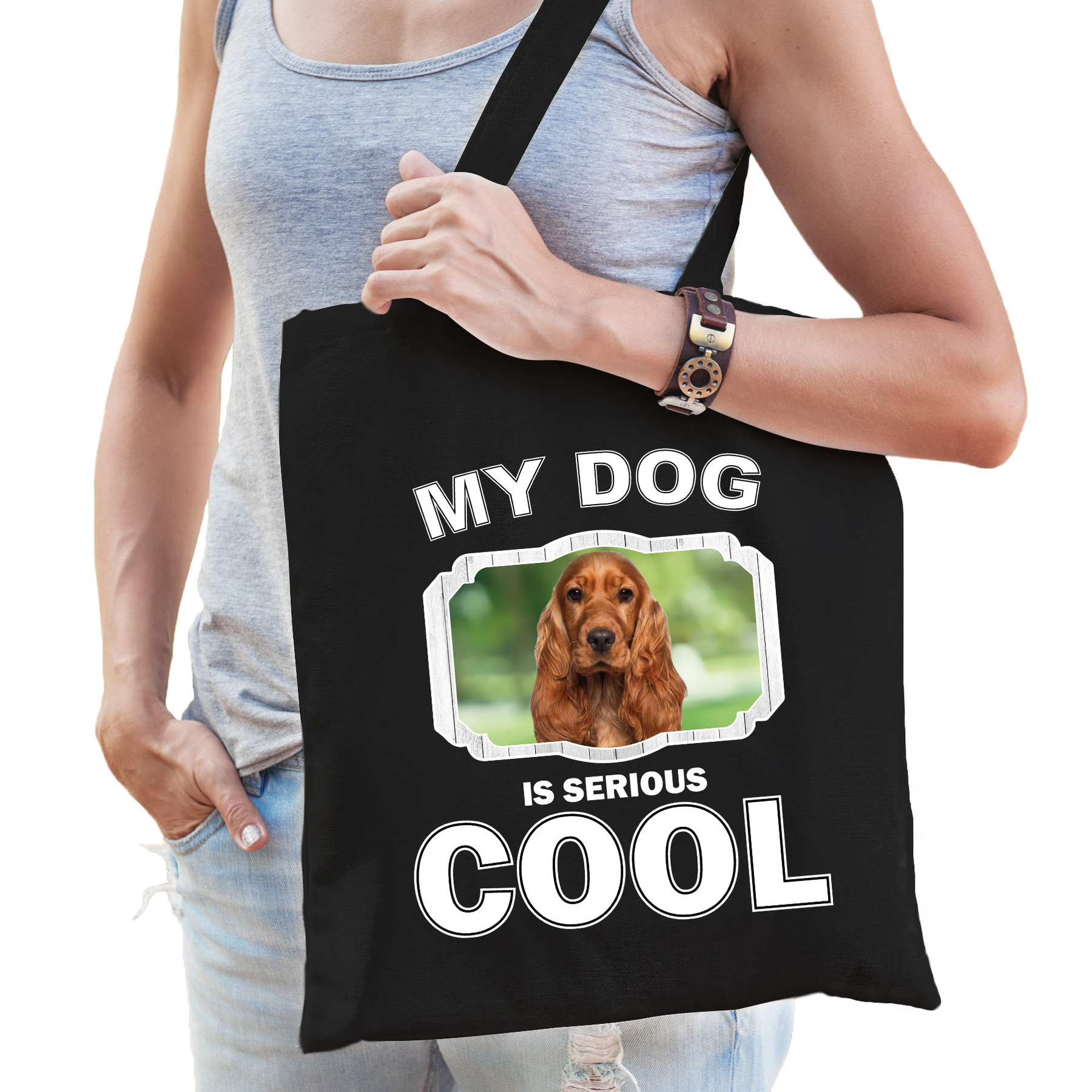 Spaniel honden tasje zwart volwassenen en kinderen my dog serious is cool kado boodschappentasje
