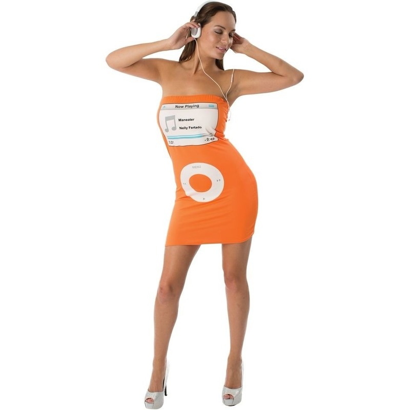 Strapless jurkje oranje met mediaspeler print voor dames