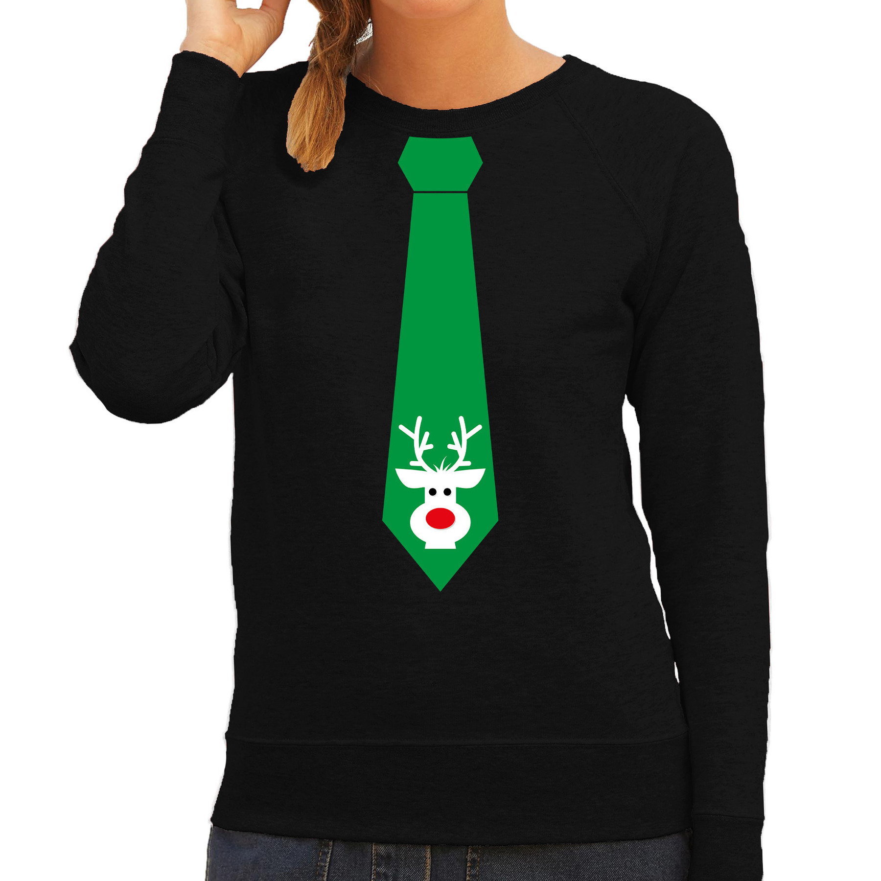Stropdas Kersttrui-Kerst sweater rendier zwart voor dames