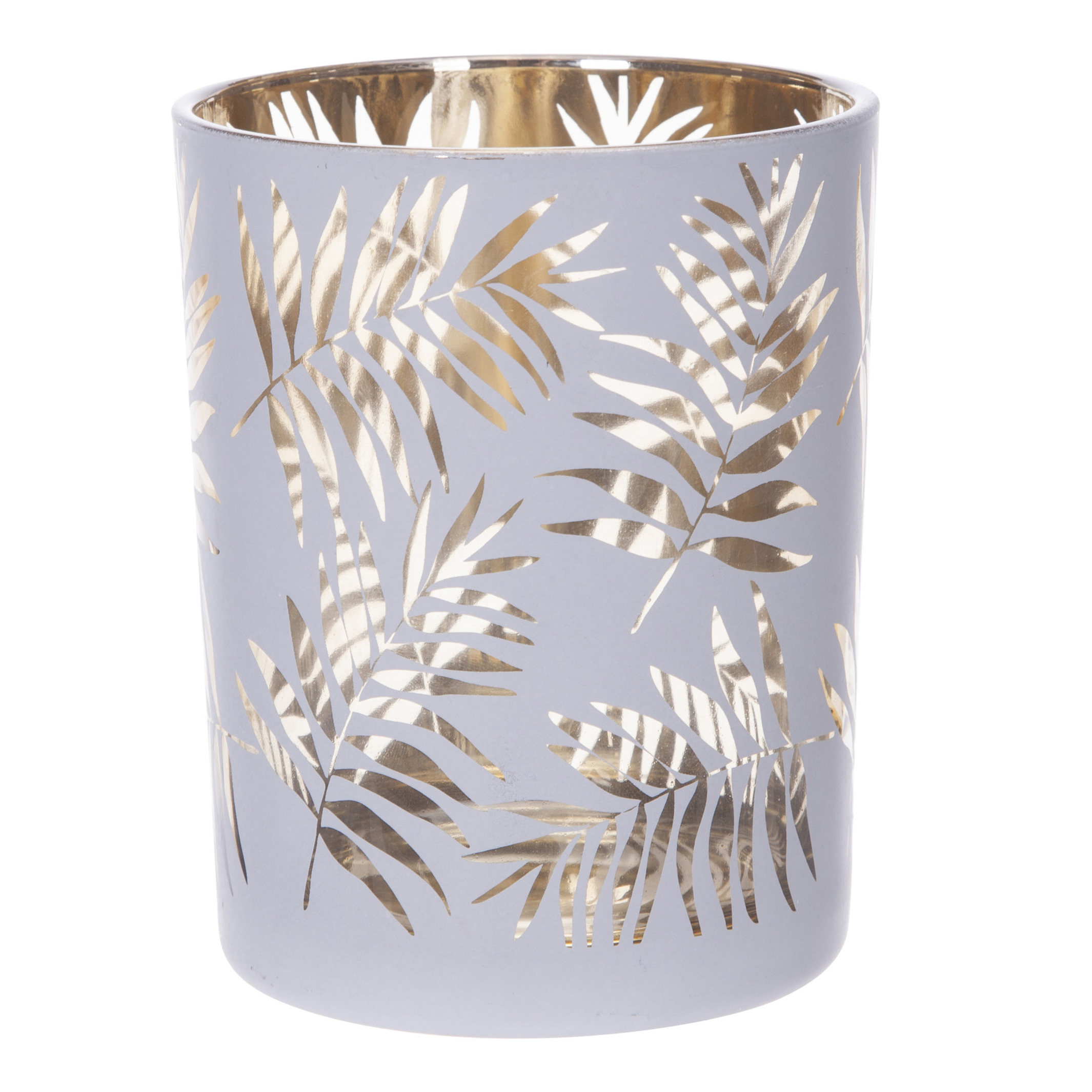 Theelichthouders-waxinelichthouders glas wit-goud bladeren print 12,5 cm