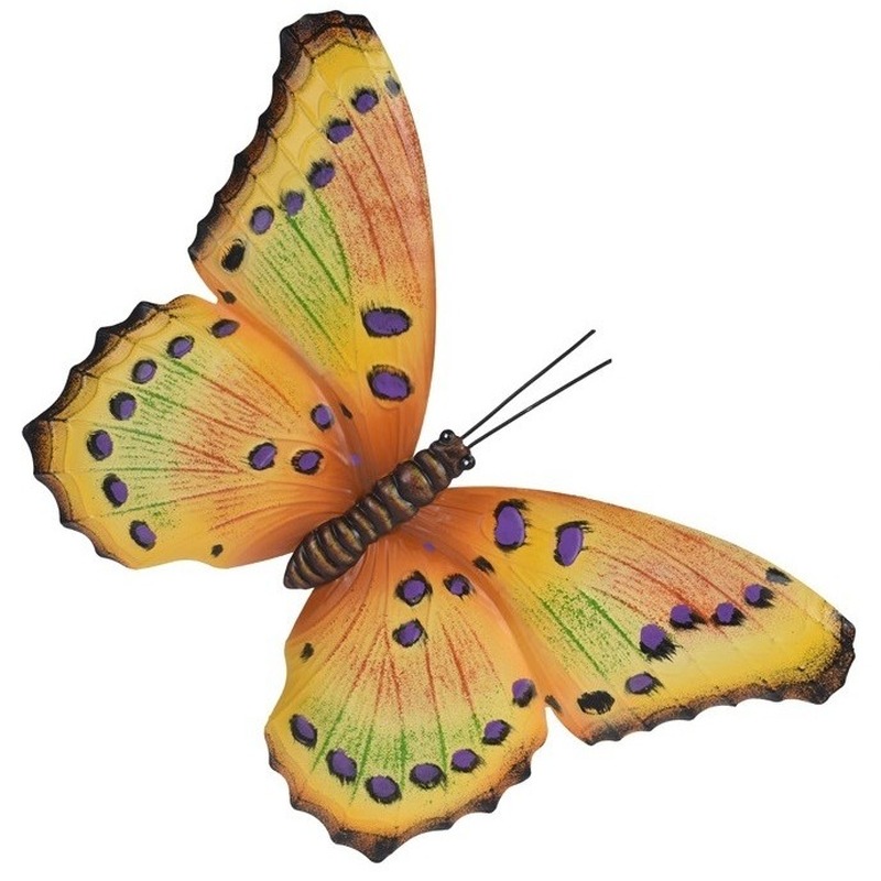 Tuin-schutting decoratie geel-paarse vlinder 44 cm