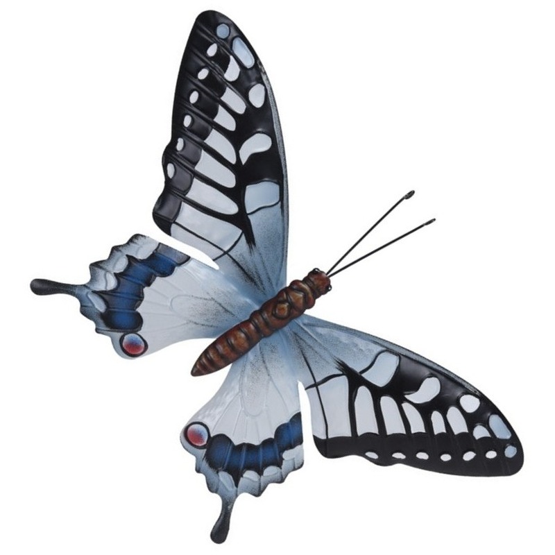 Tuin-schutting decoratie grijsblauw-zwarte vlinder 44 cm