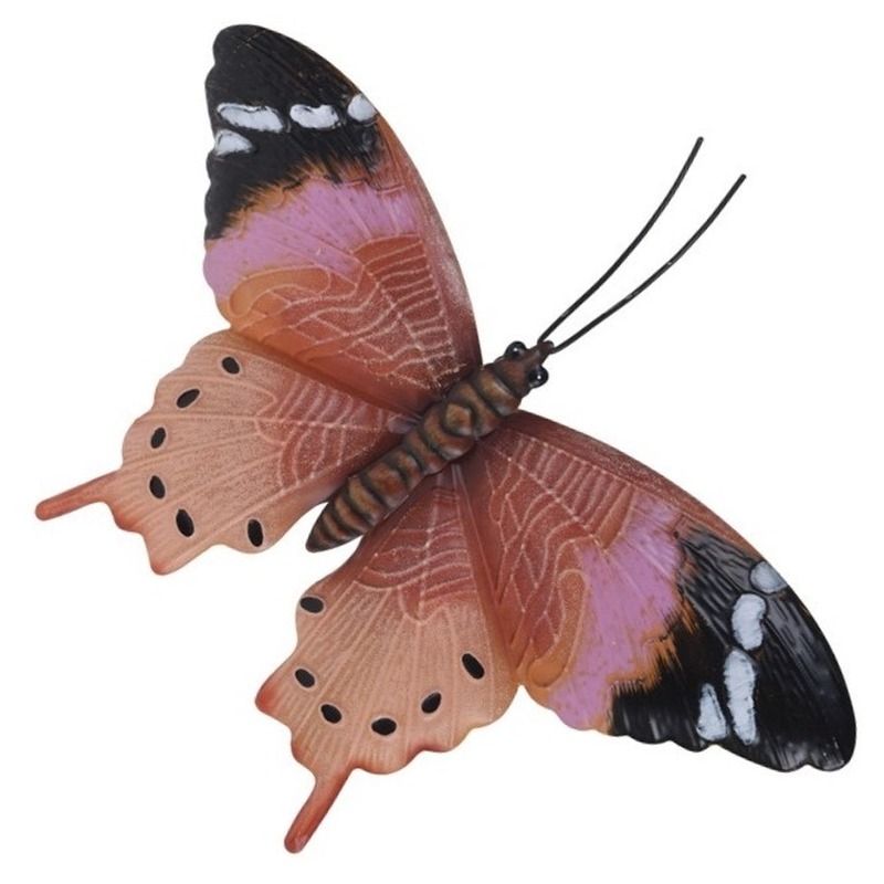 Tuin-schutting decoratie roestbruin-roze vlinder 35 cm