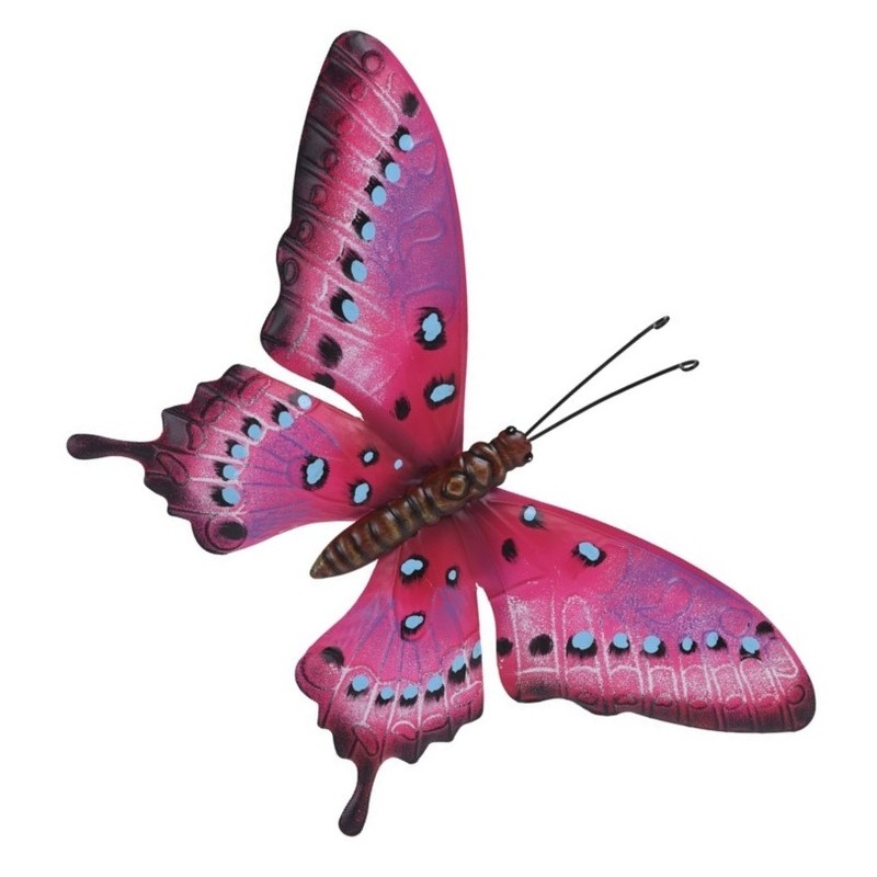 Tuin-schutting decoratie roze-lichtblauwe vlinder 44 cm