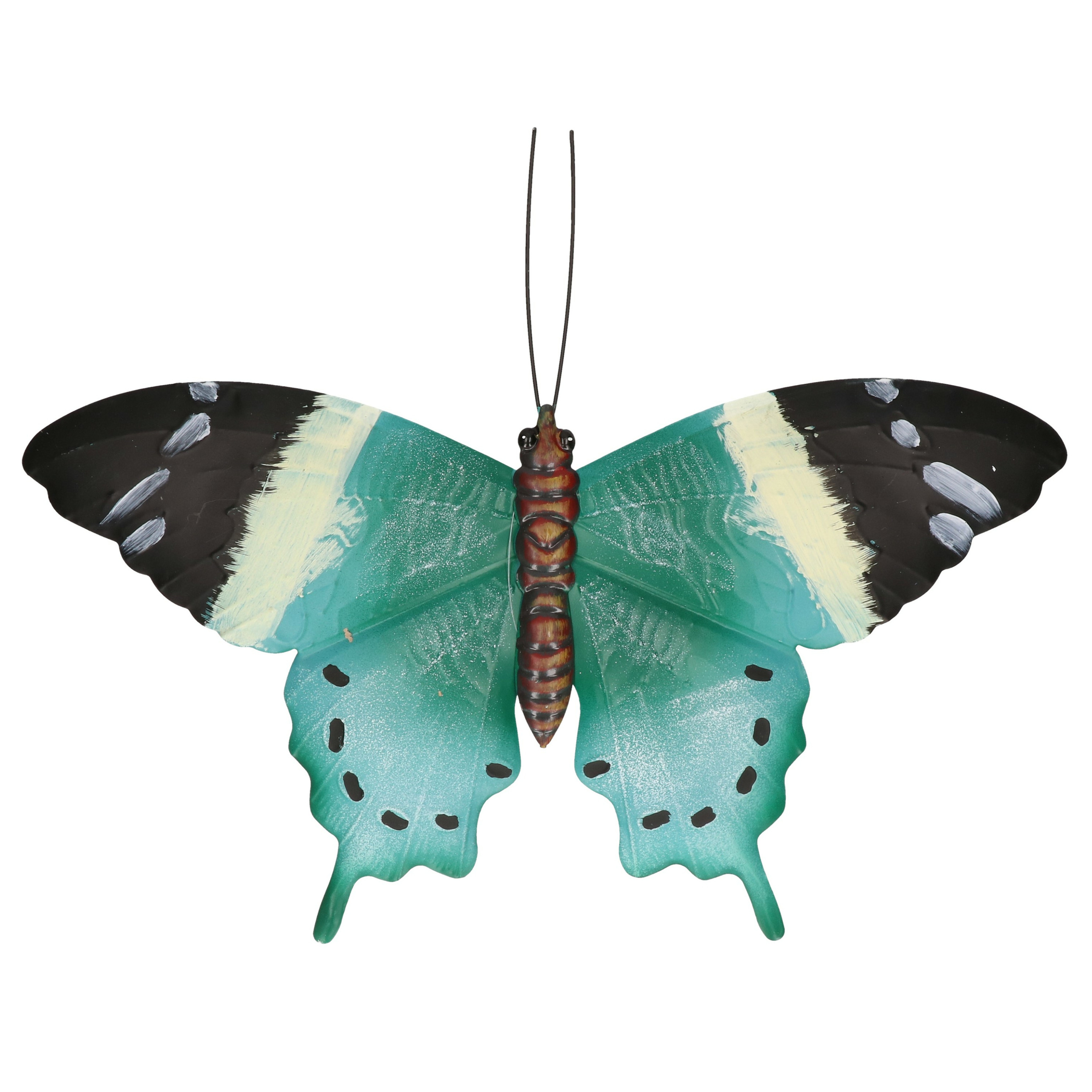 Tuin-schutting decoratie turquoise blauw-zwarte vlinder 44 cm