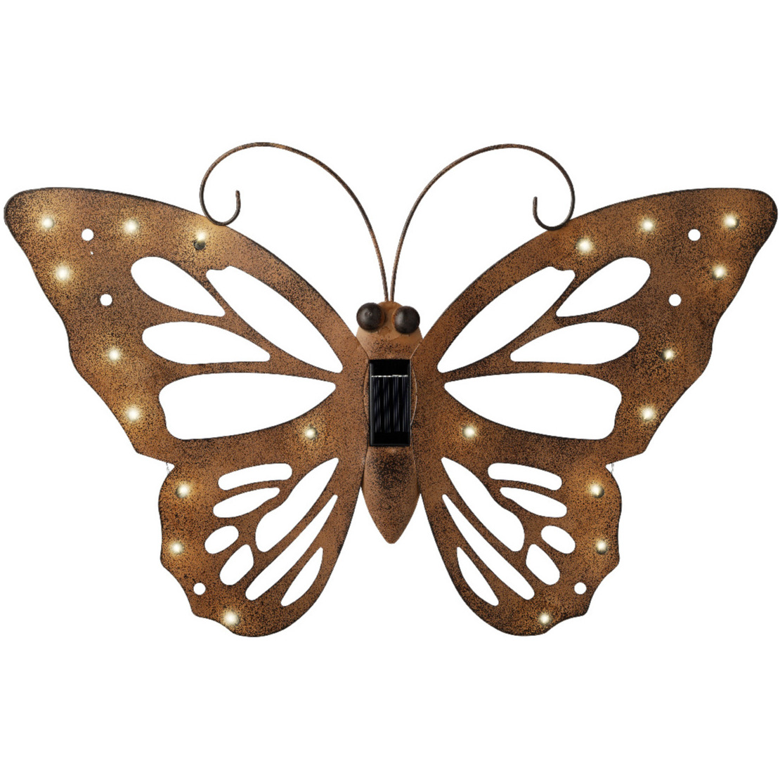 Tuindecoratie vlinder met solar verlichting 53 x 35 cm roestbruin