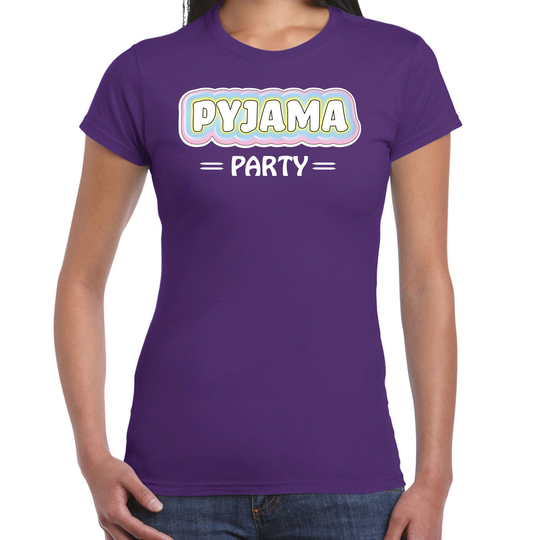 Verkleed T-shirt voor dames pyjama party paars carnaval foute party
