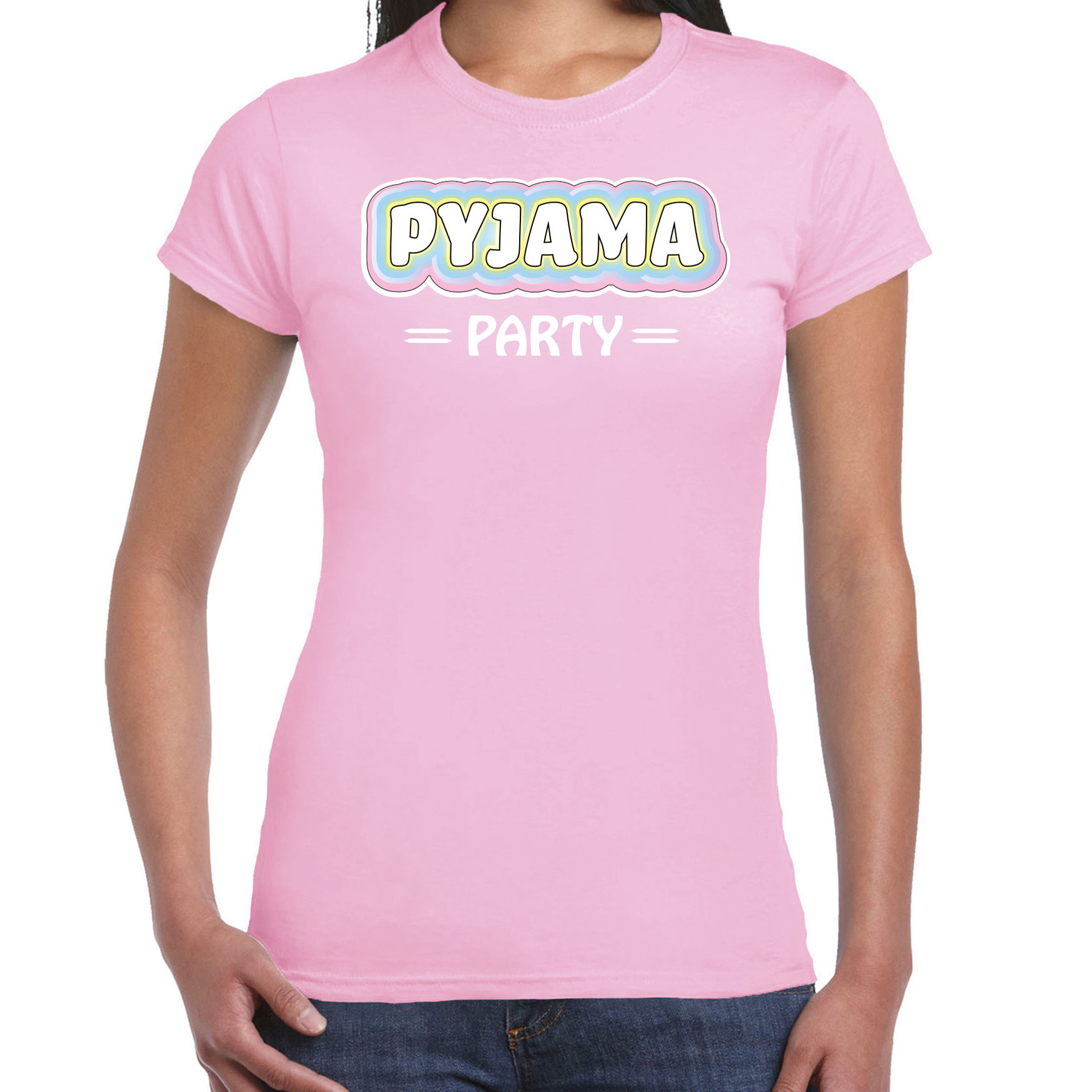 Verkleed T-shirt voor dames pyjama party roze carnaval foute party