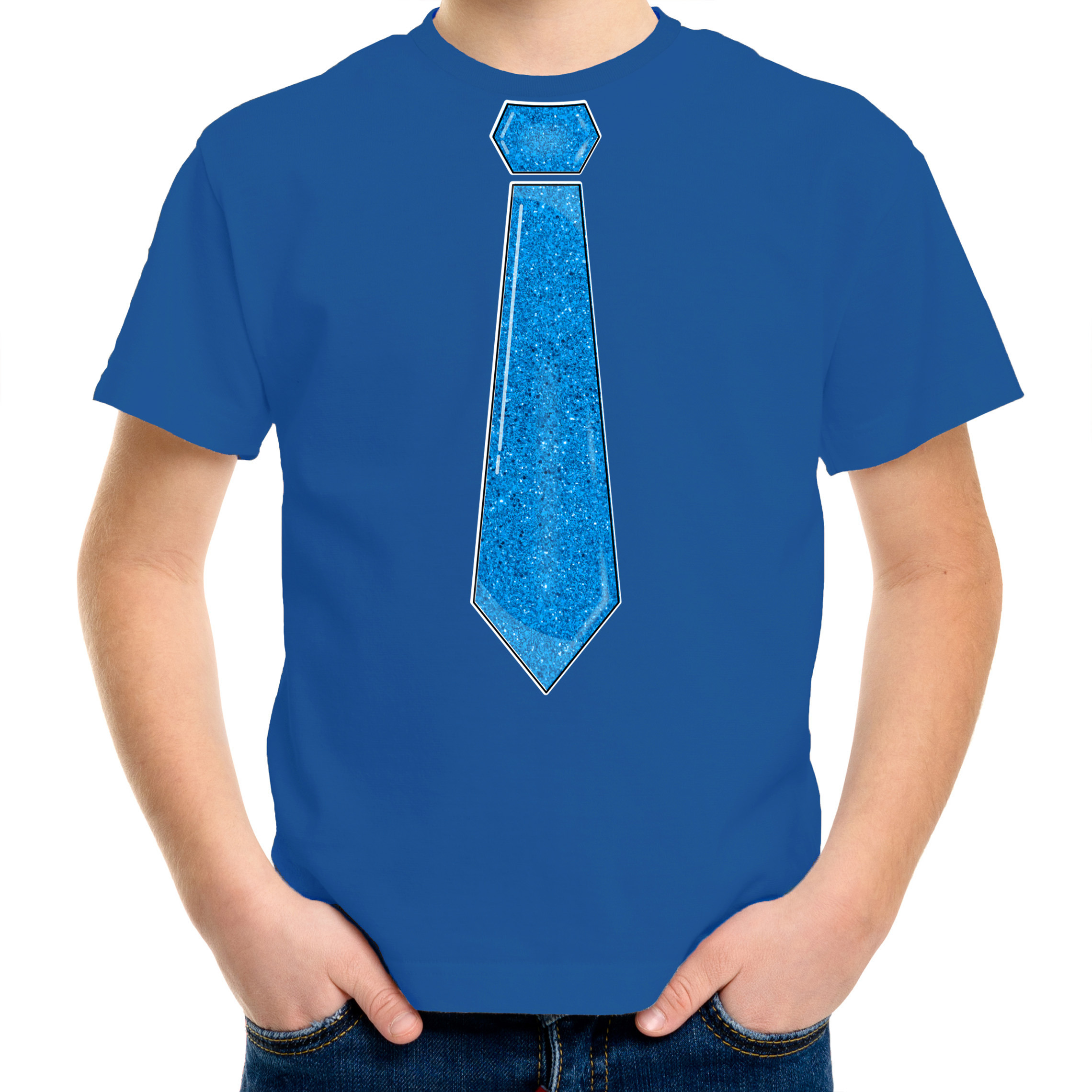 Verkleed t-shirt voor kinderen glitter stropdas blauw jongen carnaval-themafeest kostuum