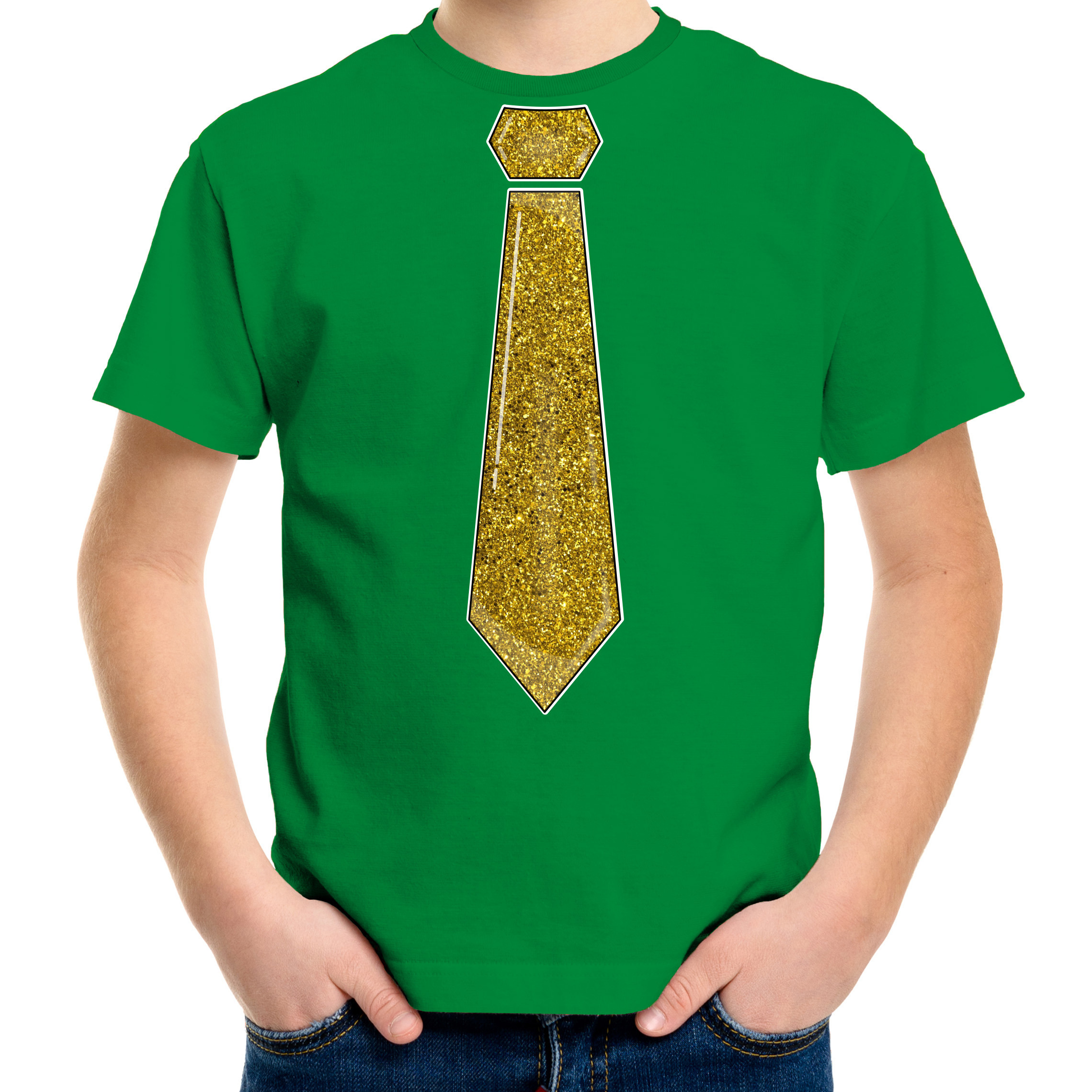 Verkleed t-shirt voor kinderen glitter stropdas groen jongen carnaval-themafeest kostuum