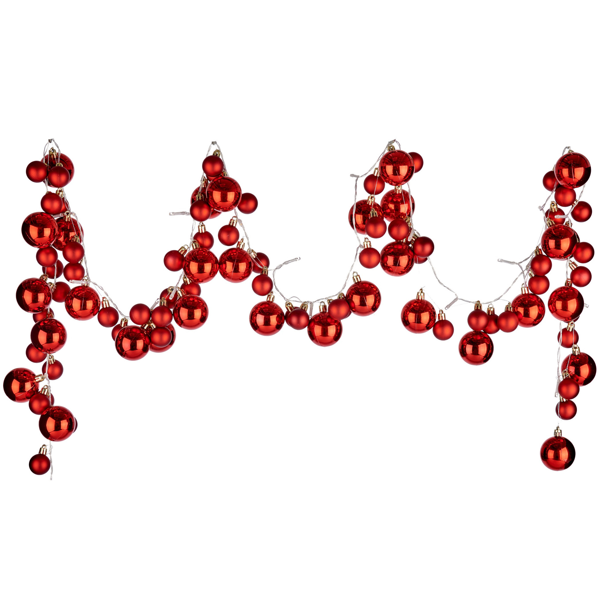 Verlichte kerst guirlande-slinger met 93 LED kerstballen rood 180 cm