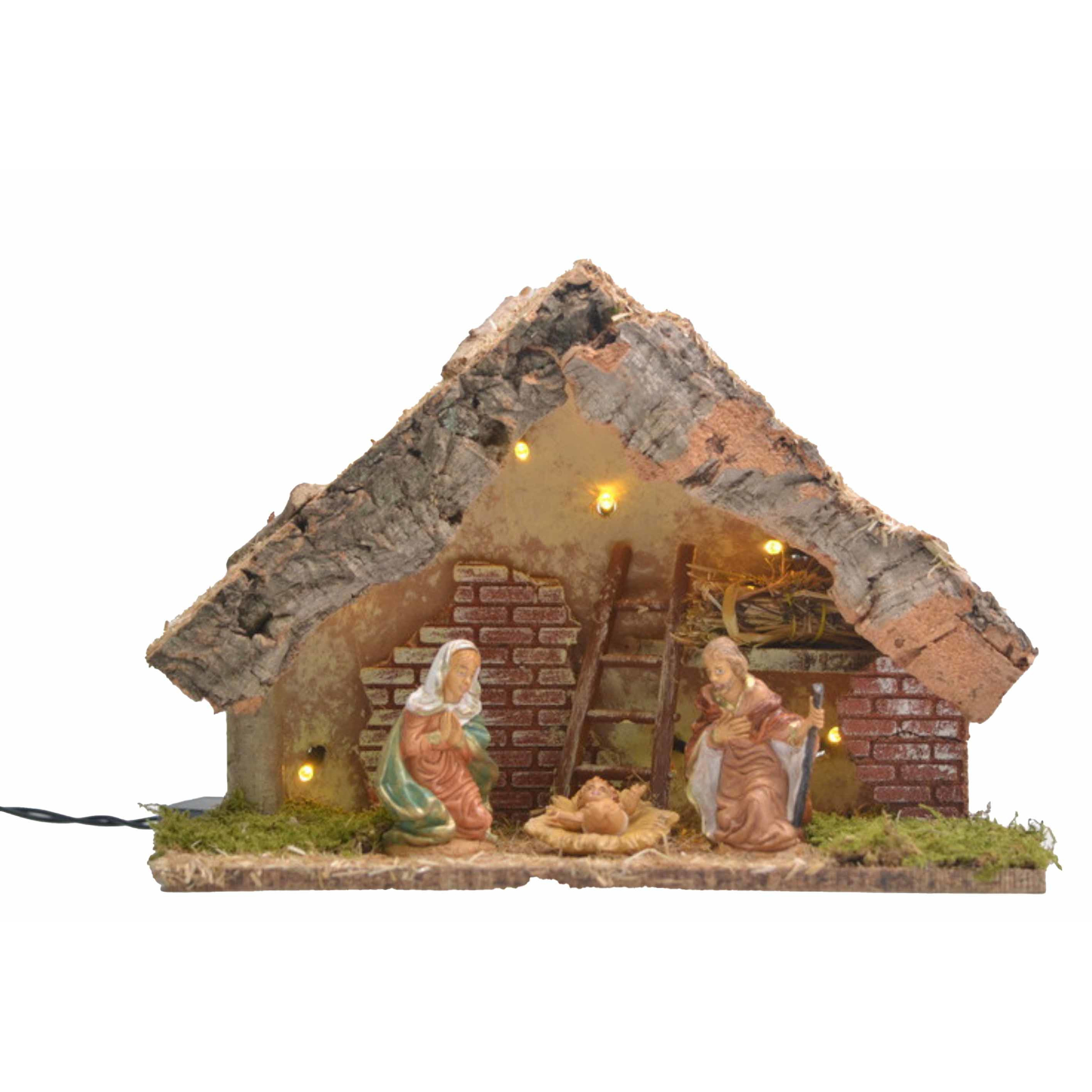 Verlichte kerststal met Jozef, Maria en Jezus beelden 32 x 16 x 24 cm