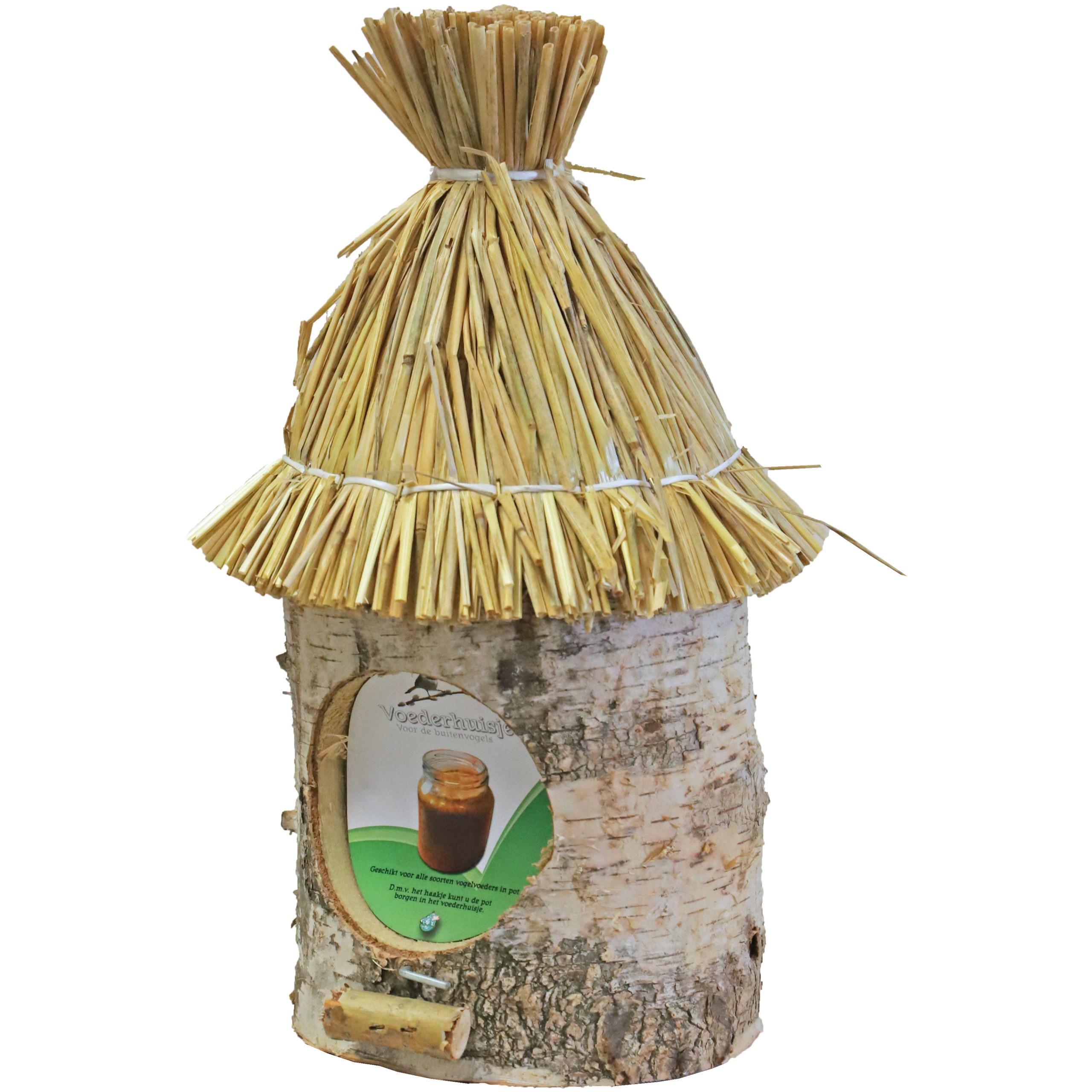 Vogelhuisje-voederhuisje-pindakaashuisje berkenhout met stro dak 36 cm