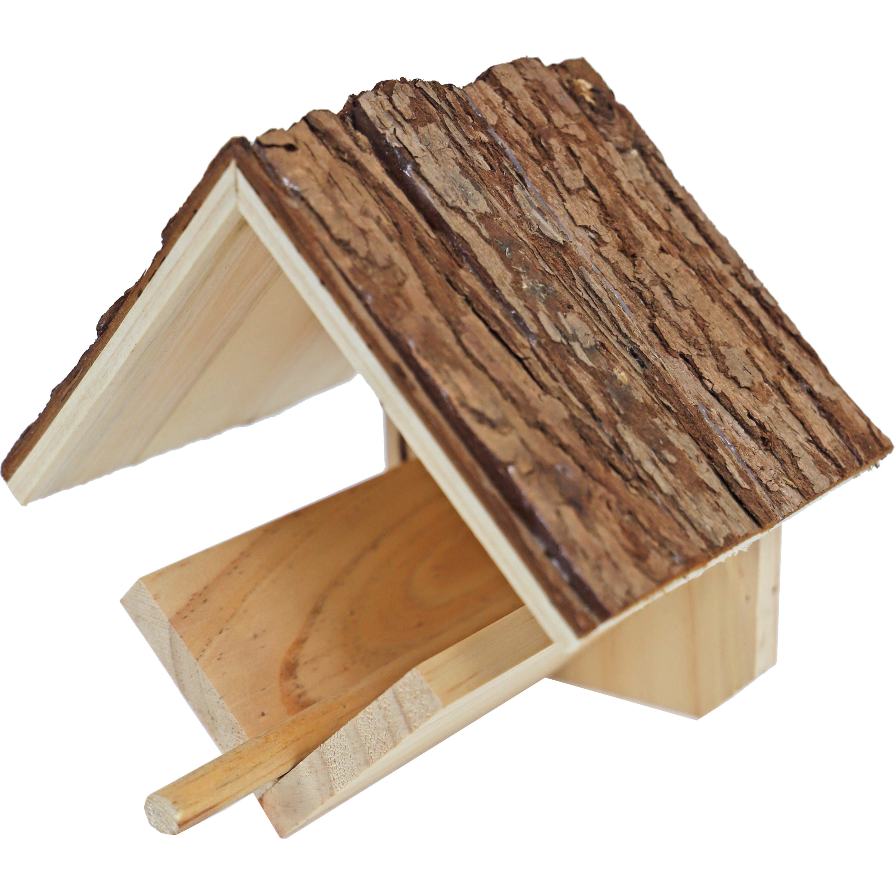 Vogelhuisje-voederhuisje-pindakaashuisje hout met dak van boomschors 16 cm