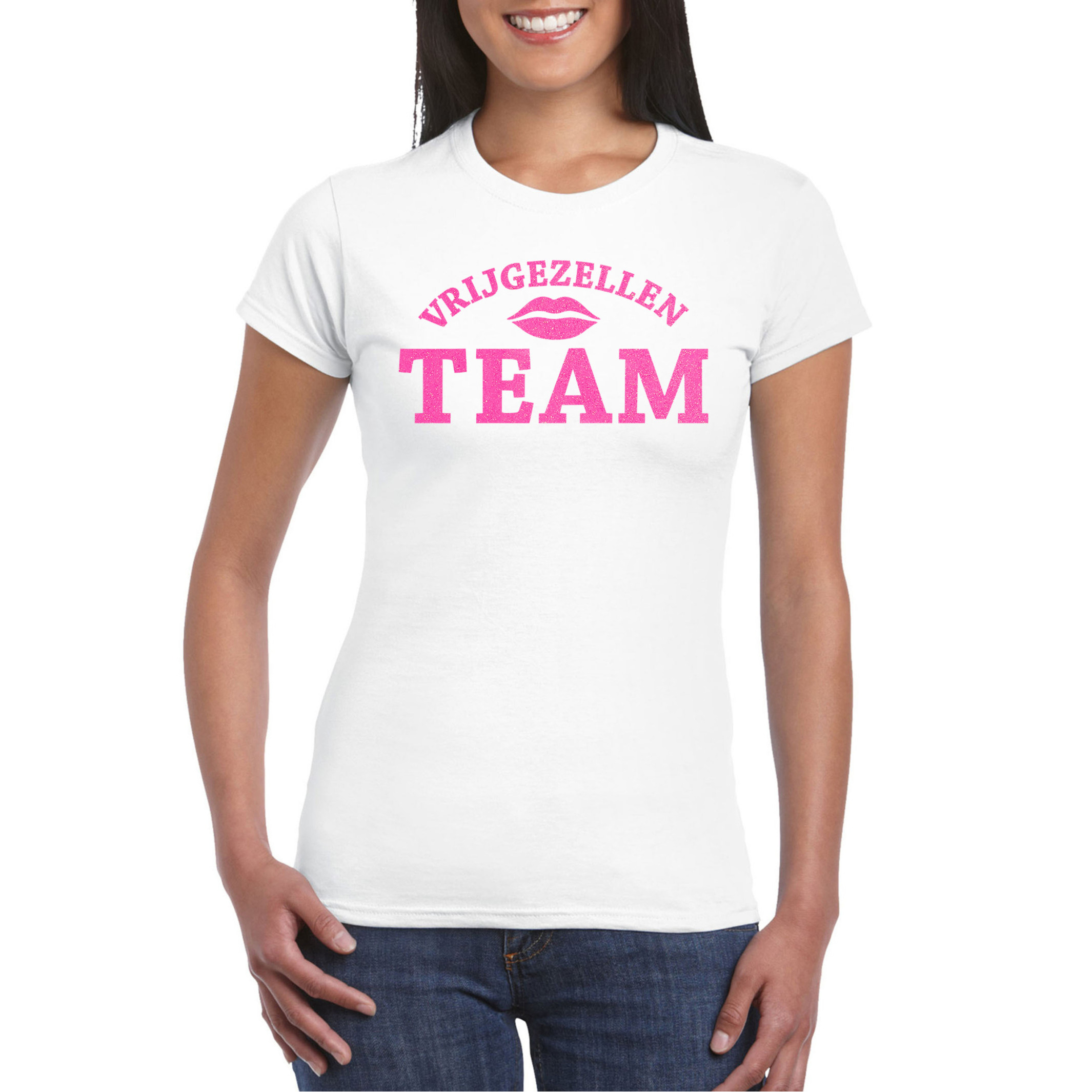 Vrijgezellenfeest T-shirt voor dames wit roze glitter bruiloft-trouwen groep-team