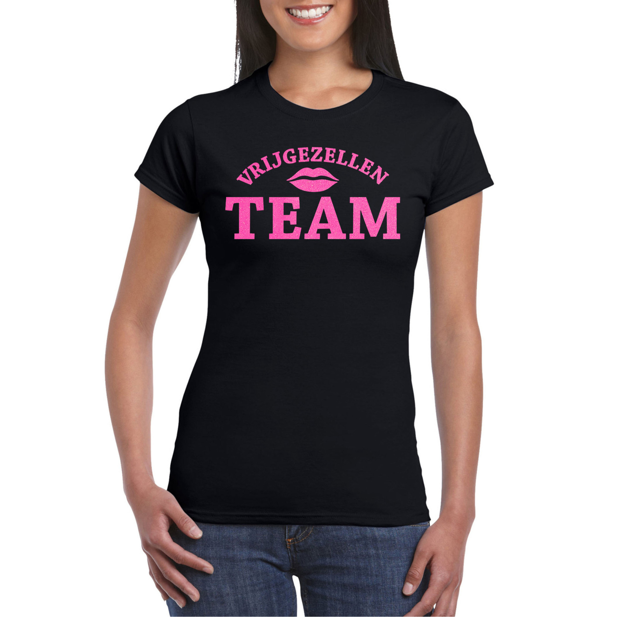 Vrijgezellenfeest T-shirt voor dames zwart roze glitter bruiloft-trouwen groep-team