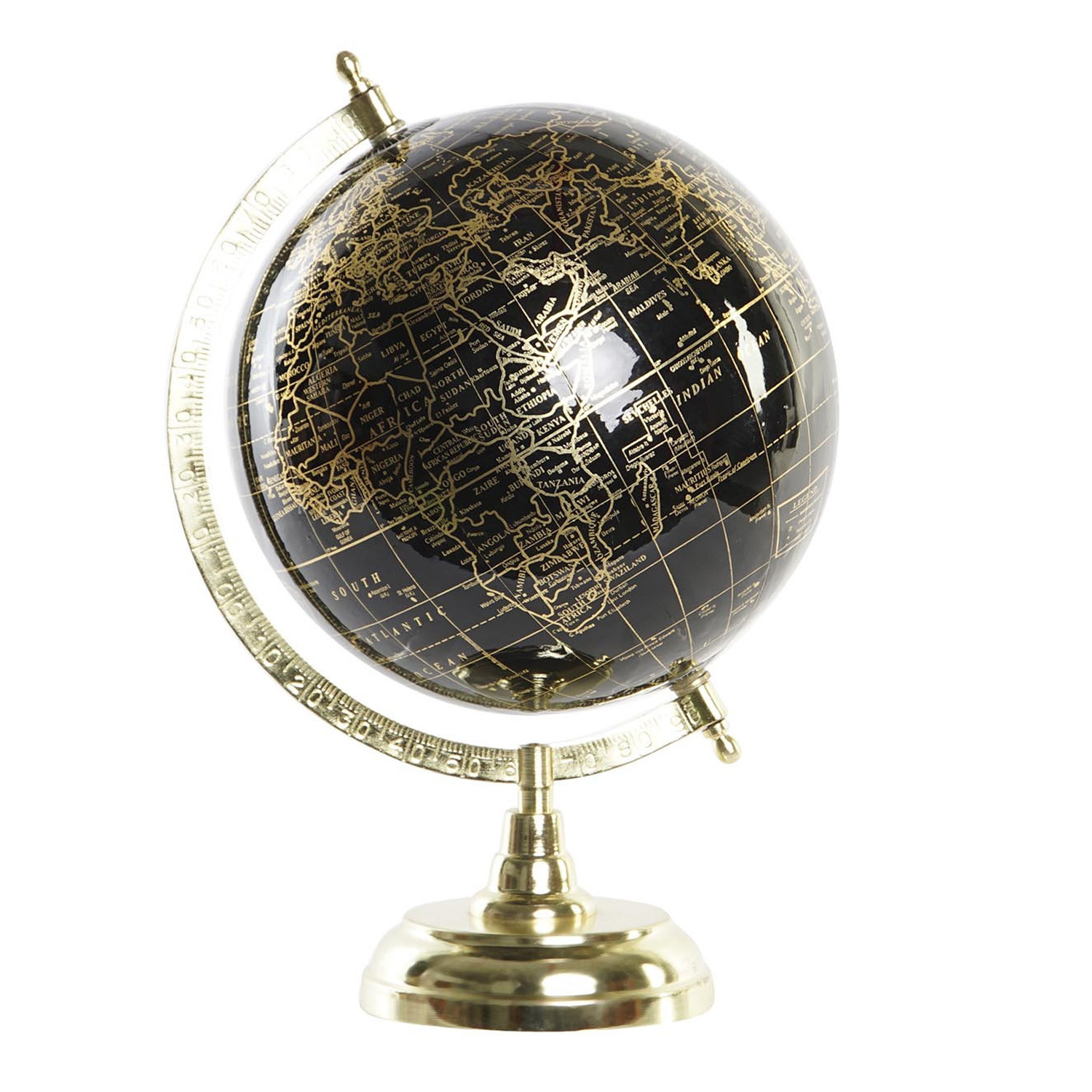 Wereldbol-globe op voet kunststof zwart-goud home decoratie artikel D18 x H33 cm