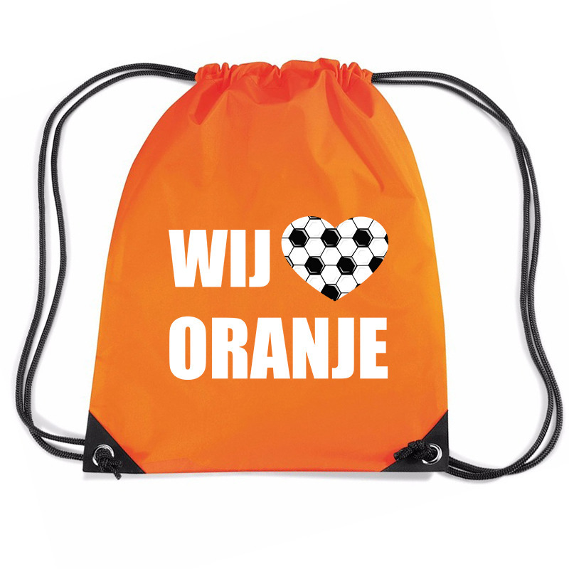 Wij houden van oranje voetbal rugzakje-sporttas met rijgkoord oranje