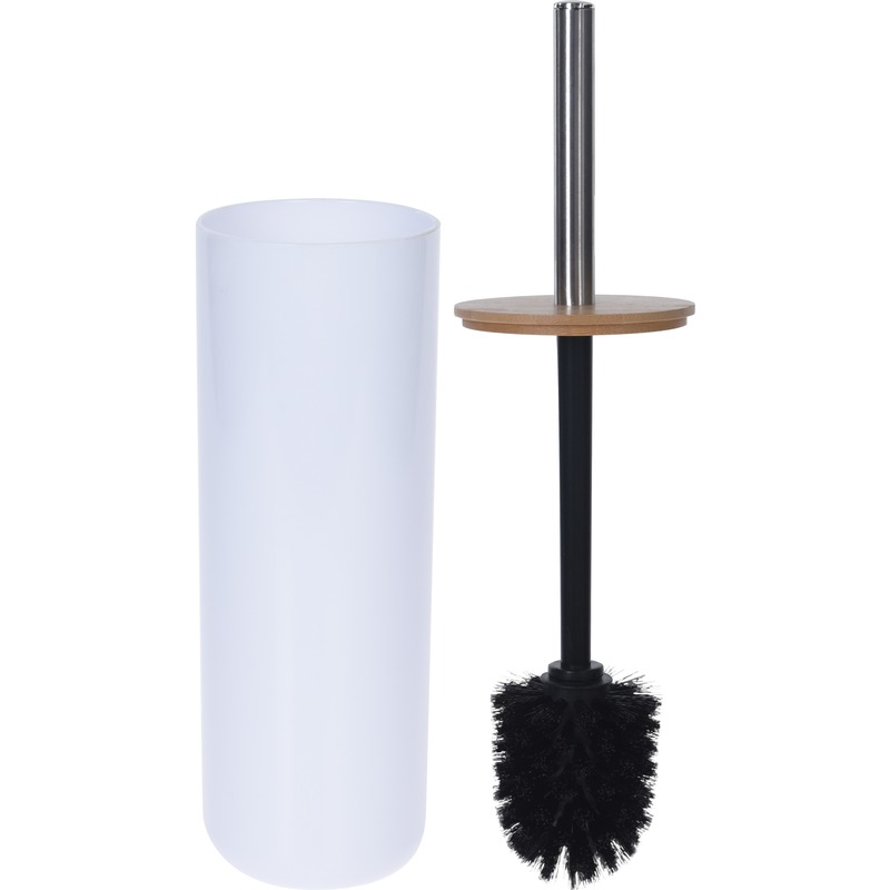 Witte toiletborstel houder met bamboe 26 cm