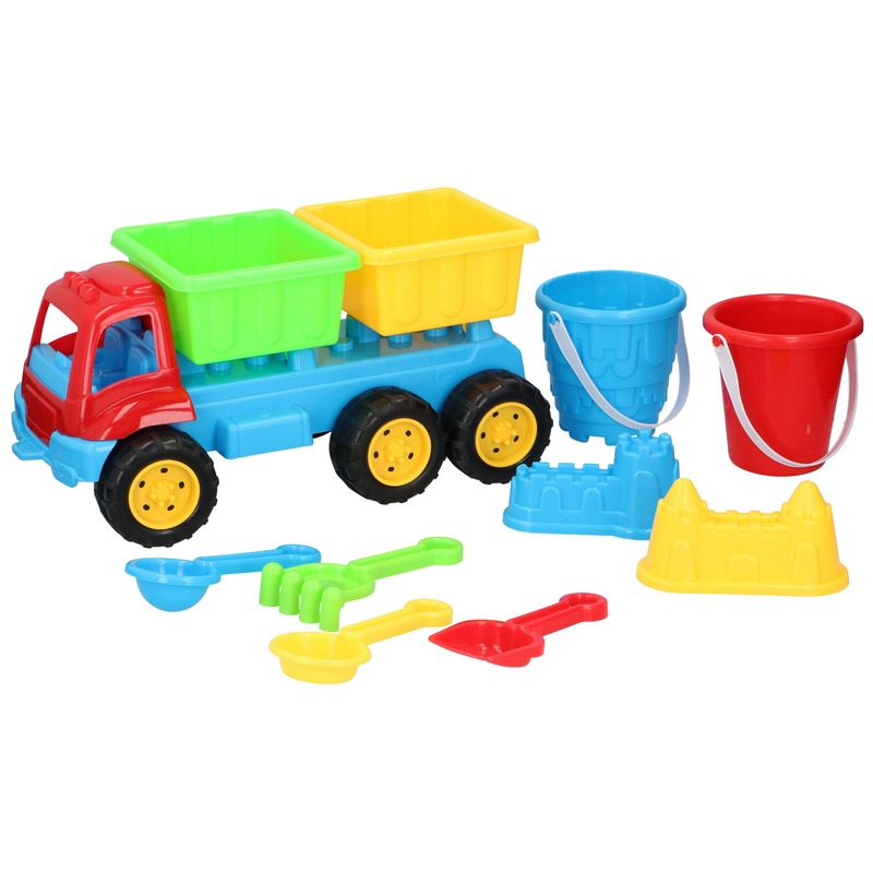 Zandbak speelgoed blauwe truck/kiepwagen dubbele container 35 cm