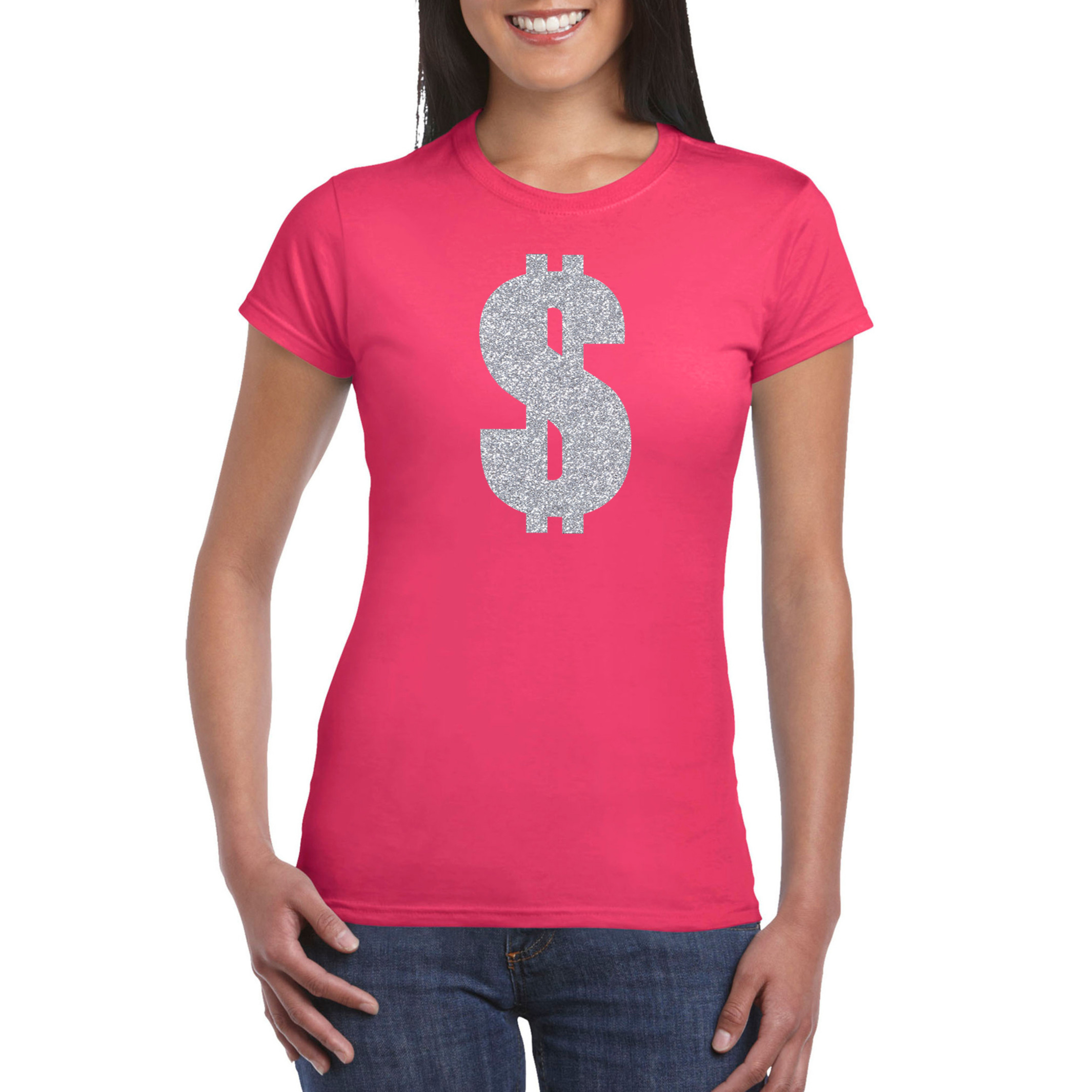 Zilveren dollar-Gangster verkleed t-shirt-kleding roze dames
