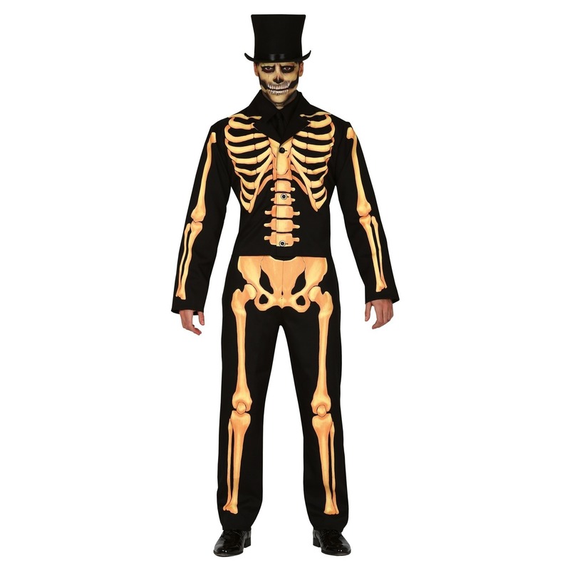 Zwart-oranje skelet verkleed kostuum voor heren