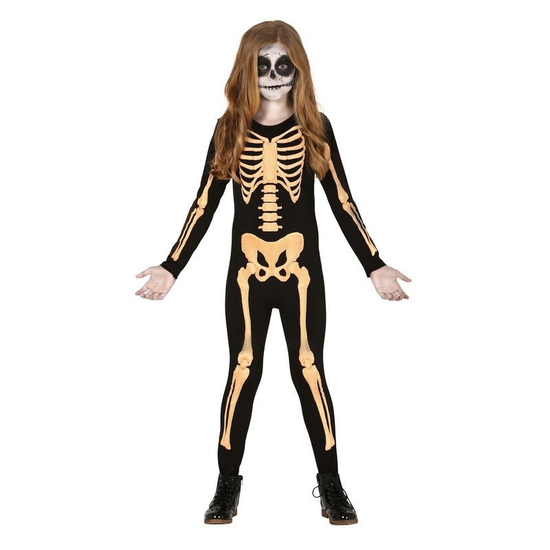 Zwart-oranje skelet verkleedpak voor kinderen kostuum