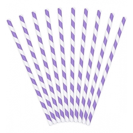 10x stuks gestreepte rietjes van papier lila paars/wit
