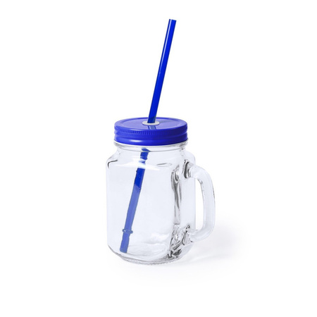 1x stuks glazen Mason Jar drinkbekers blauwe dop/rietje 500 ml