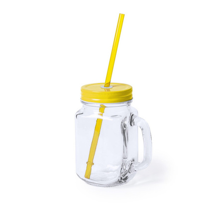 Set van 4x glazen drinkbekers dop/rietje 500 ml zwart/geel