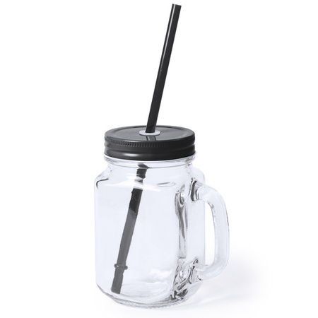 1x stuks glazen Mason Jar drinkbekers zwarte dop/rietje 500 ml