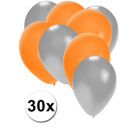 30x ballonnen - 27 cm - zilver / oranje versiering