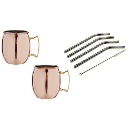  4x Cocktail mugs/glasses Moscow Mule 450 ml copper with 4 straws